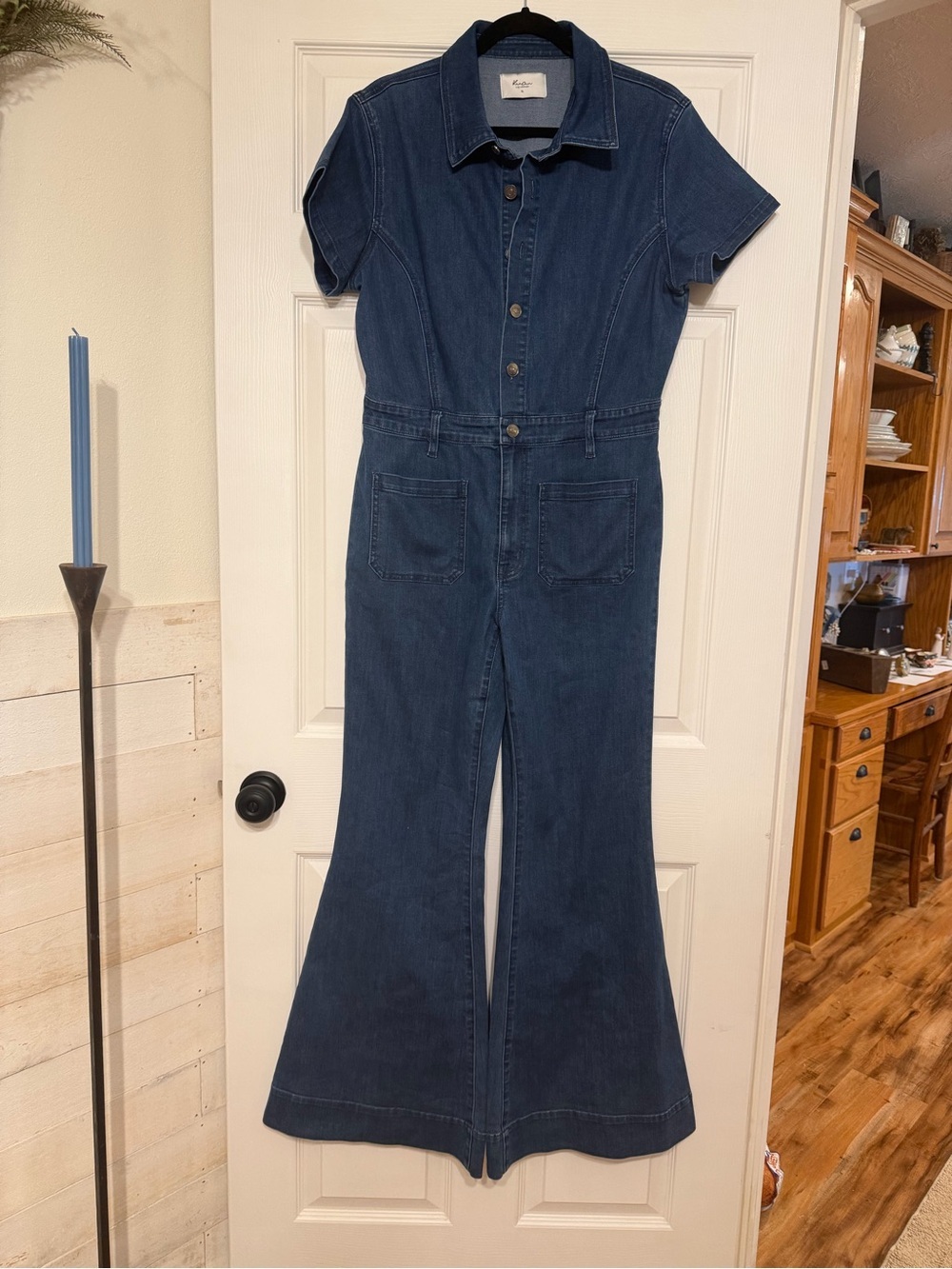 KanCan Daya Short Sleeve Super Flare Denim Jumpsuit Dark Wash XL